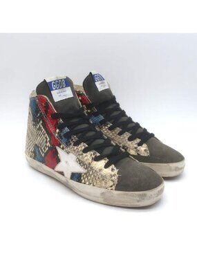 Golden Goose Francy Snake-Embossed High Top Sneakers Cream/Gray Size 37